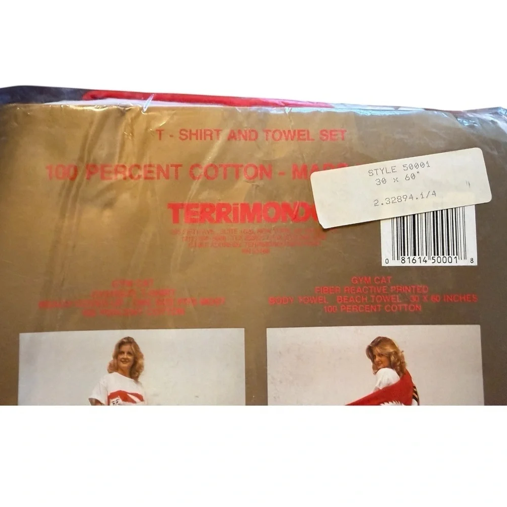 Vintage dead stock Gym Cat Red and White Terrimond Towel Set with Coverup Tee OS